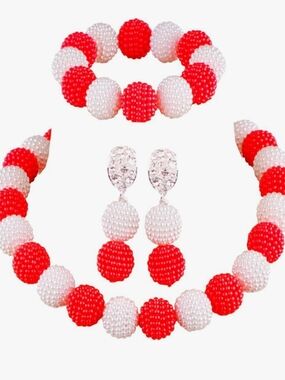 Beaded Red & White Statement Necklace, Bracelet & Earring Set 🆕